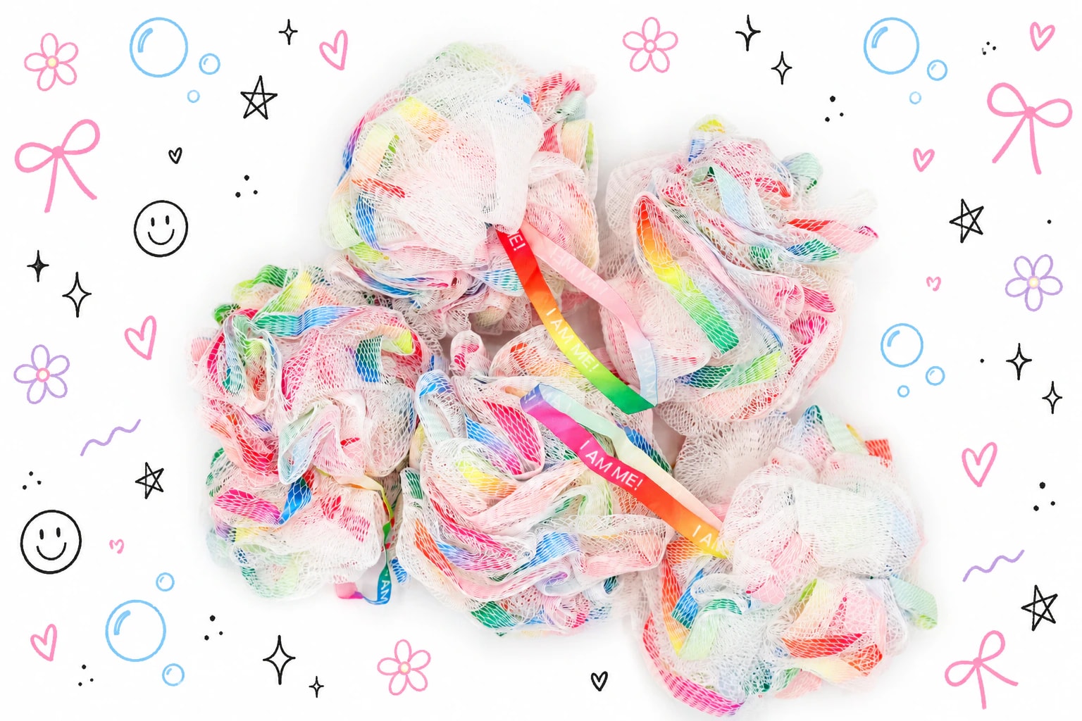 A pile of rainbow loofah wristlets with “I AM ME!” ribbons, surrounded by hand-drawn doodles