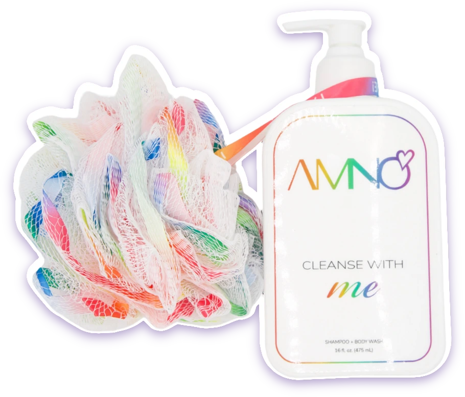 Cleanse With Me shampoo and body wash pump bottle with its rainbow loofah wristlet