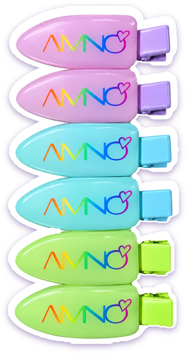 Six AMNO Jelly Clips stacked in a column: two purple, two blue and two green, each with the rainbow AMNO logo